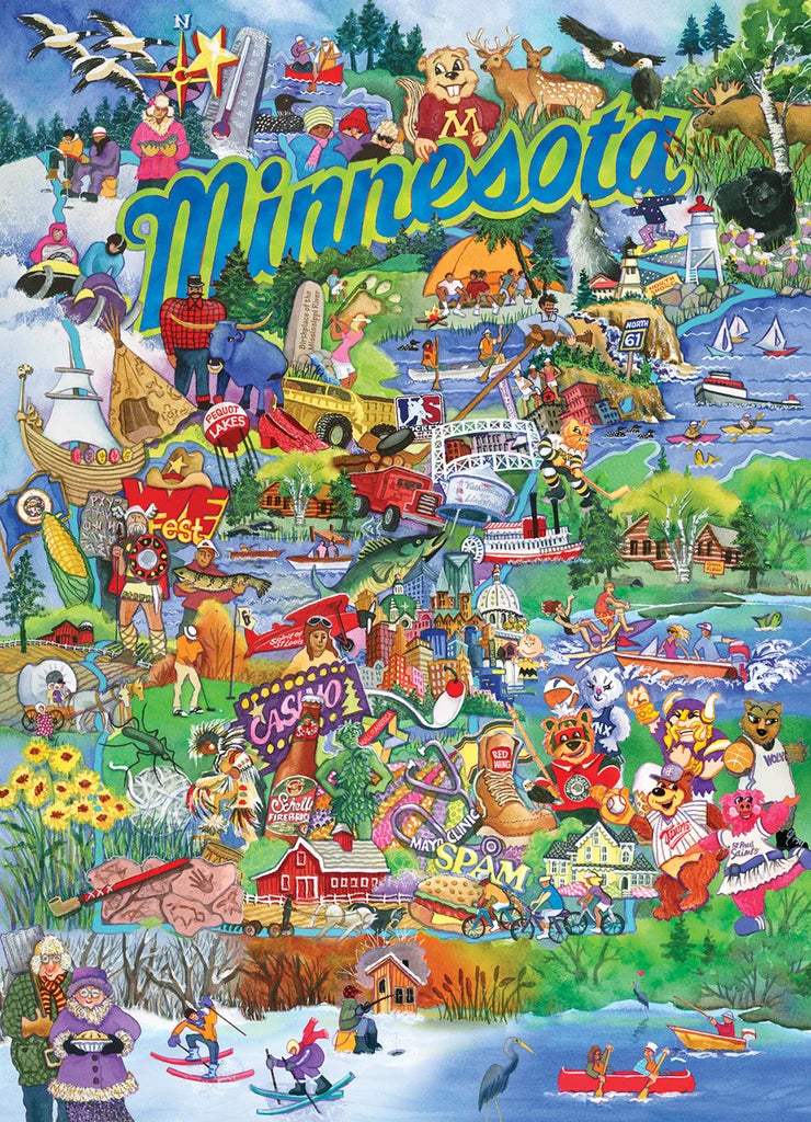 1,000 piece puzzle showing a colorful illustrated map of Minnesota with landmarks, animals, local foods, cultural icons, and outdoor activities.