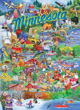 1,000 piece puzzle showing a colorful illustrated map of Minnesota with landmarks, animals, local foods, cultural icons, and outdoor activities.