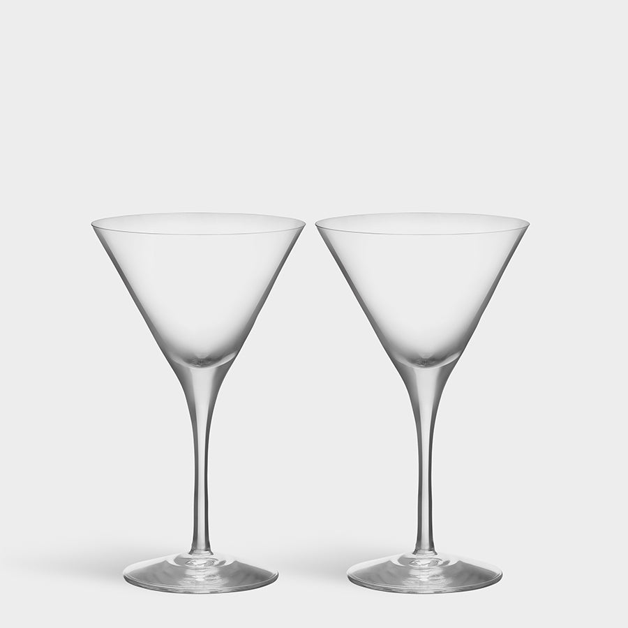 Two Orrefors: More Martini Glasses (6.4oz, 2-Pack) stand elegantly on a plain white background, their crystal clarity catching the light.