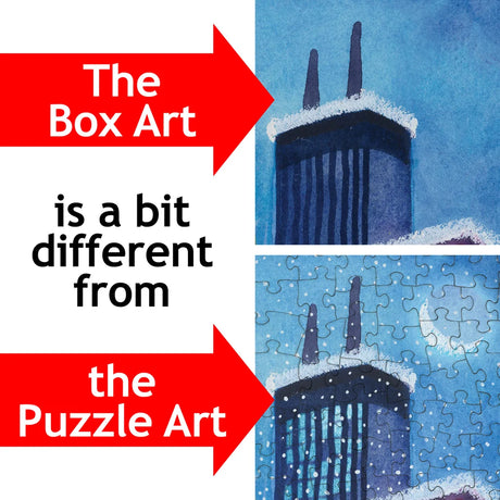 Split image showing snowy rooftop art; top half has box art with two smokestacks, bottom half shows puzzle version with three smokestacks. Text notes this difference.