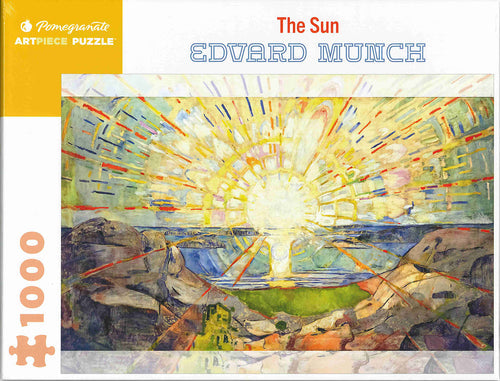 The Puzzle: Sun Edvard Munch set includes 1000 pieces and features Edvard Munch's mural painting, The Sun, depicting a vivid sun with colorful rays lighting up a dramatic landscape.