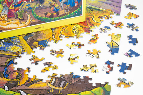 Partially assembled PuzzleTwist Something's Amiss! MythFits 500-piece jigsaw puzzle by artist Sophie Koch, with loose pieces on a white surface, showing a colorful fantasy scene with a dragon and characters.