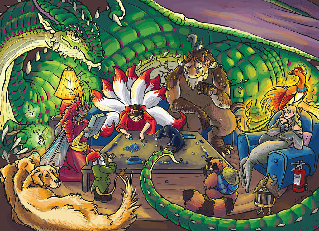 A group of anthropomorphic animals and a large green dragon play a board game in a cozy, lamp-lit room as featured in PuzzleTwist Something's Amiss! MythFits 500-piece puzzle by artist Sophie Koch.