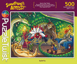 The PuzzleTwist Something's Amiss! MythFits 500-piece puzzle by artist Sophie Koch features a vibrant scene of mythological creatures—dragon, centaur, minotaur, griffin, and fairy—in a living room with a jigsaw puzzle on the table.