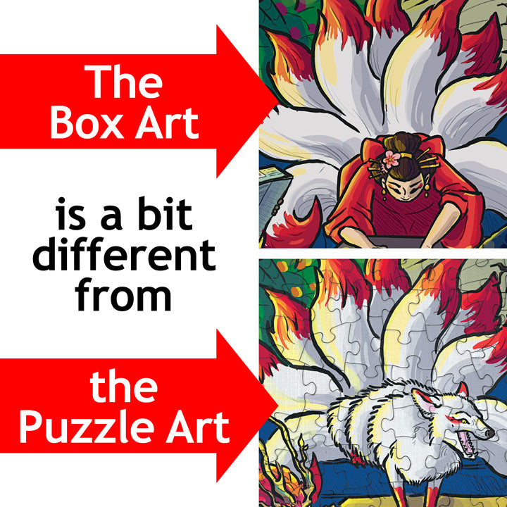 Split image of PuzzleTwist Something's Amiss! MythFits 500 Pieces by Sophie Koch: box art shows a woman with flames, while the completed puzzle features a white fox with multiple tails, highlighting the intriguing differences.