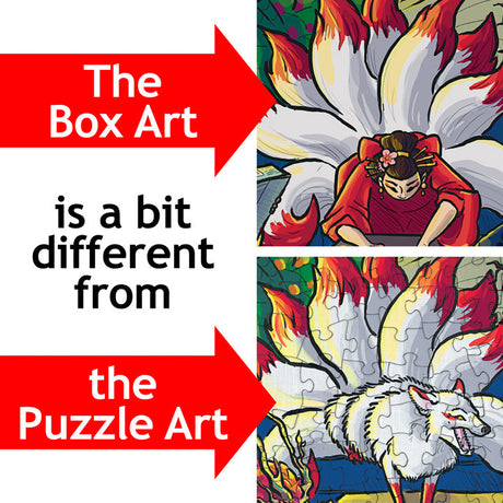 Split image of PuzzleTwist Something's Amiss! MythFits 500 Pieces by Sophie Koch: box art shows a woman with flames, while the completed puzzle features a white fox with multiple tails, highlighting the intriguing differences.