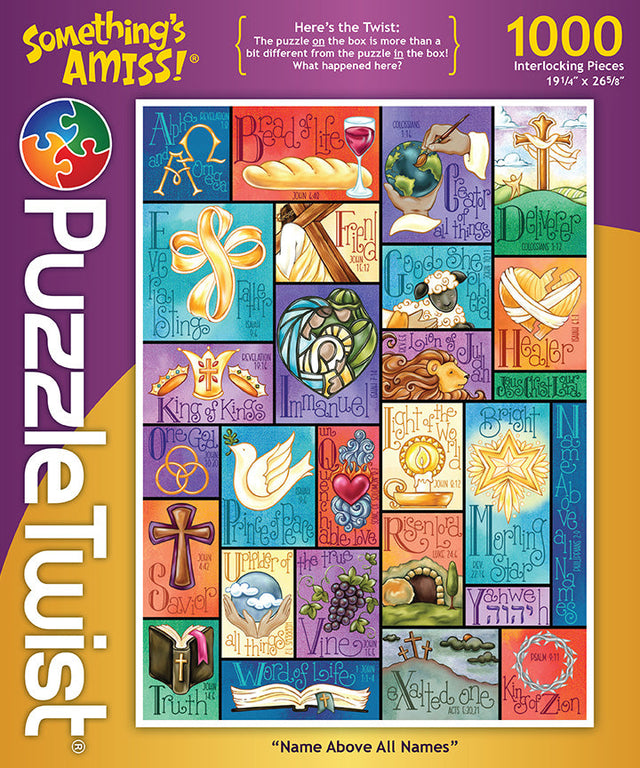The 1,000-piece PuzzleTwist: Name Above All Names puzzle showcases religious-themed imagery with crosses and symbols, drawing inspiration from stained glass window artistry. Please note that the completed image may differ from the one shown on the box.