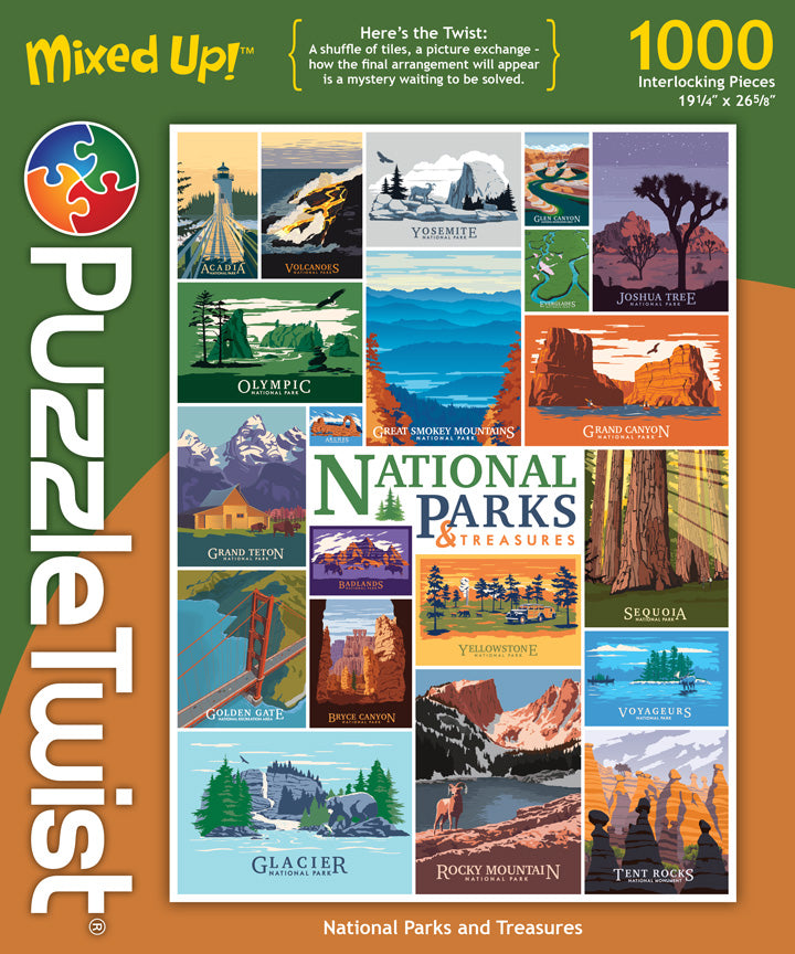 The PuzzleTwist: National Parks & Treasures features a Steve Thomas collage of National Park posters, including the Grand Canyon and Yosemite. This 1000-piece puzzle offers endless enjoyment.