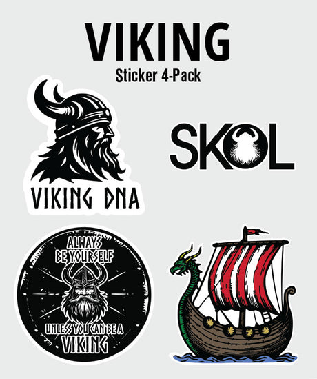 Get a 4-pack from the Nordic Theme Sticker Bundles—six fun Scandinavian themes to choose from, perfect for fans of Viking helmets, SKOL quotes, bearded Vikings, and classic striped-sail ships!.