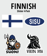 Nordic Theme Sticker Bundles – 4-Pack of Scandinavian Fun! Includes Finnish flag, SISU oval, cartoon Viking with SUOMI, and Viking head with VIKING DNA—perfect for fans of Nordic and Scandinavian sticker bundles. Six themes available!.
