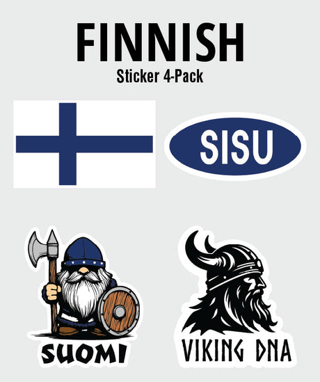 Nordic Theme Sticker Bundles – 4-Pack of Scandinavian Fun! Includes Finnish flag, SISU oval, cartoon Viking with SUOMI, and Viking head with VIKING DNA—perfect for fans of Nordic and Scandinavian sticker bundles. Six themes available!.