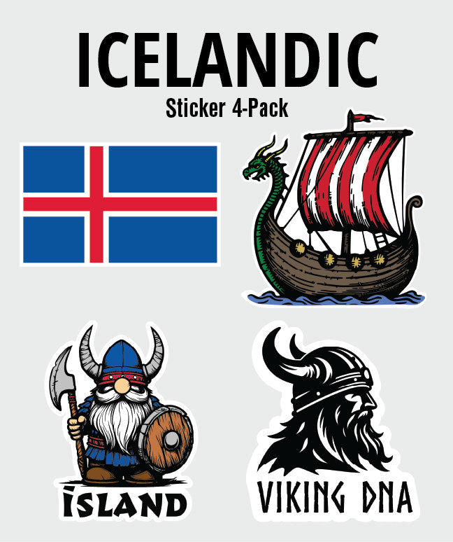 The Nordic Theme Sticker Bundles – 4-Pack of Scandinavian Fun features Iceland-inspired designs like the flag, Viking ship, Island cartoon Viking, and Viking DNA profile—ideal for fans of Nordic stickers and adventures.
