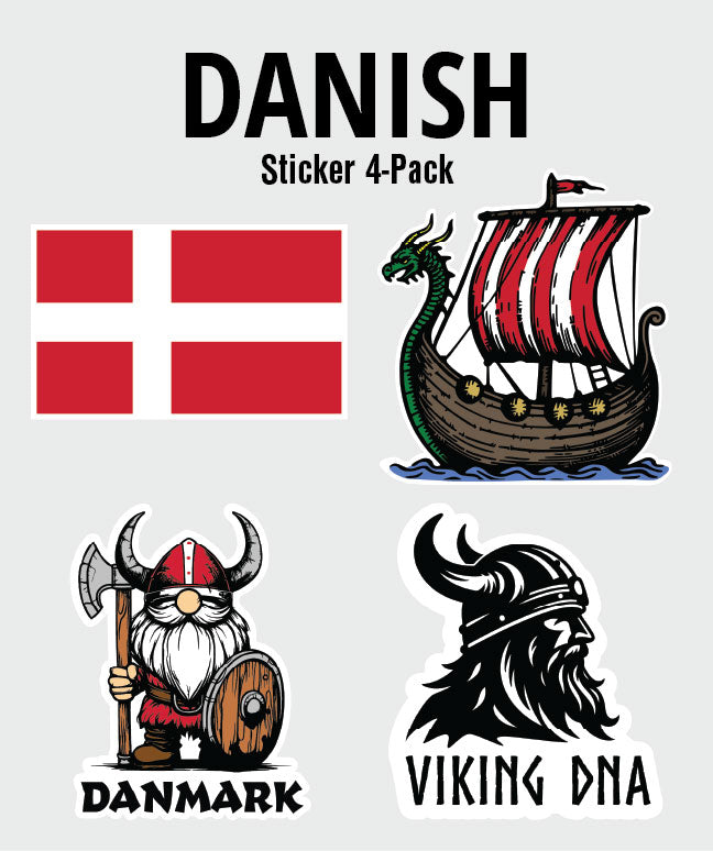The Nordic Theme Sticker Bundles 4-Pack offers Scandinavian fun with six themes, including Danish designs like the flag, Viking ship, and Viking DNA. Perfect for fans of Nordic and Scandinavian sticker bundles.