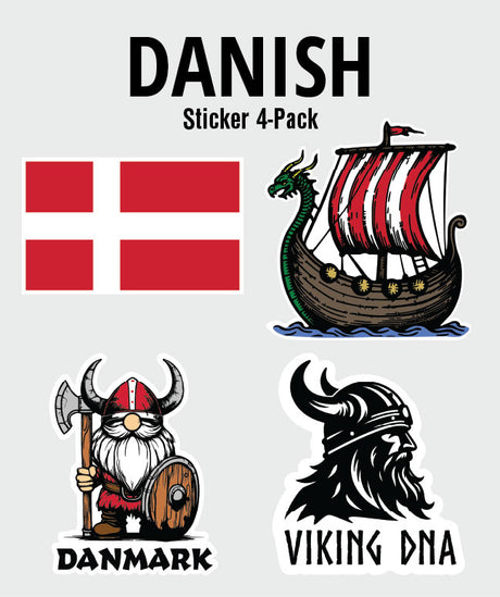 The Nordic Theme Sticker Bundles 4-Pack offers Scandinavian fun with six themes, including Danish designs like the flag, Viking ship, and Viking DNA. Perfect for fans of Nordic and Scandinavian sticker bundles.