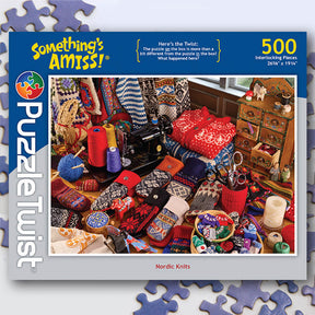 The PuzzleTwist: Nordic Knits by Julie Steller is a 500-piece puzzle box featuring a sewing theme with threads, knit garments, and knitting supplies, beautifully capturing the essence of handcrafted goods.