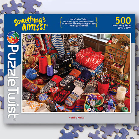 The PuzzleTwist: Nordic Knits by Julie Steller is a 500-piece puzzle box featuring a sewing theme with threads, knit garments, and knitting supplies, beautifully capturing the essence of handcrafted goods.