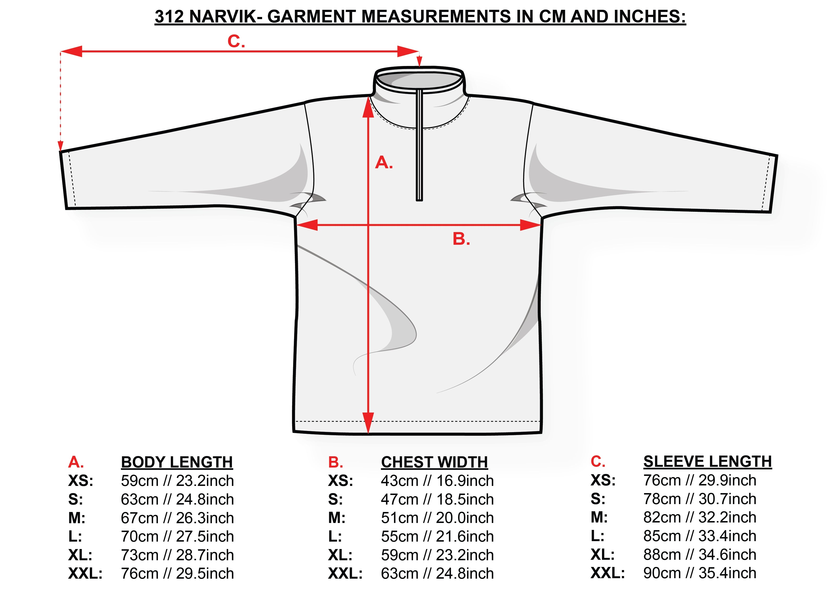 Illustration of the Breheimen Jutunheimen Merino Wool Zip Cardigan - Navy, featuring measurements in centimeters and inches. Labeled sections include: A. Body Length, B. Chest Width, C. Sleeve Length. Made from Merino wool, this Nordic design garment is available in sizes from XS to XXL.