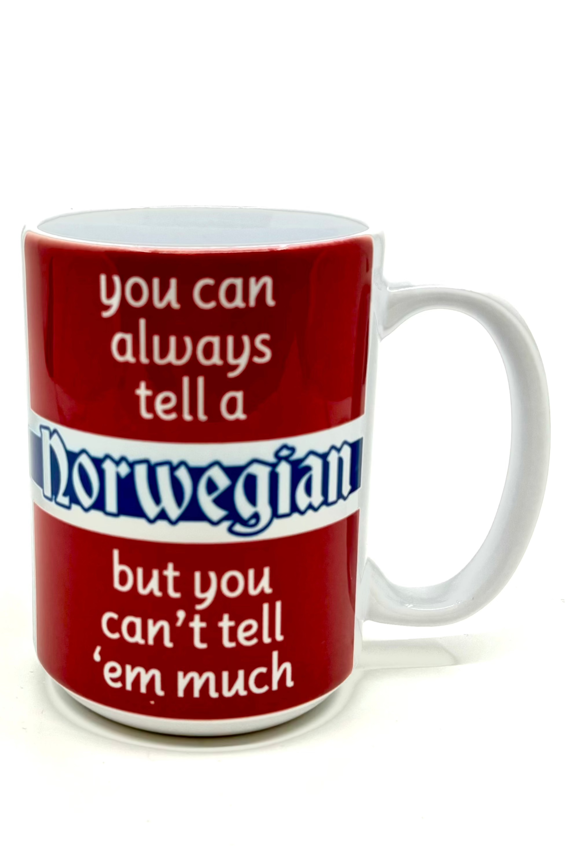 Norwegian-themed red coffee mug with a white handle, displaying the phrase: You Can Tell a Norwegian.