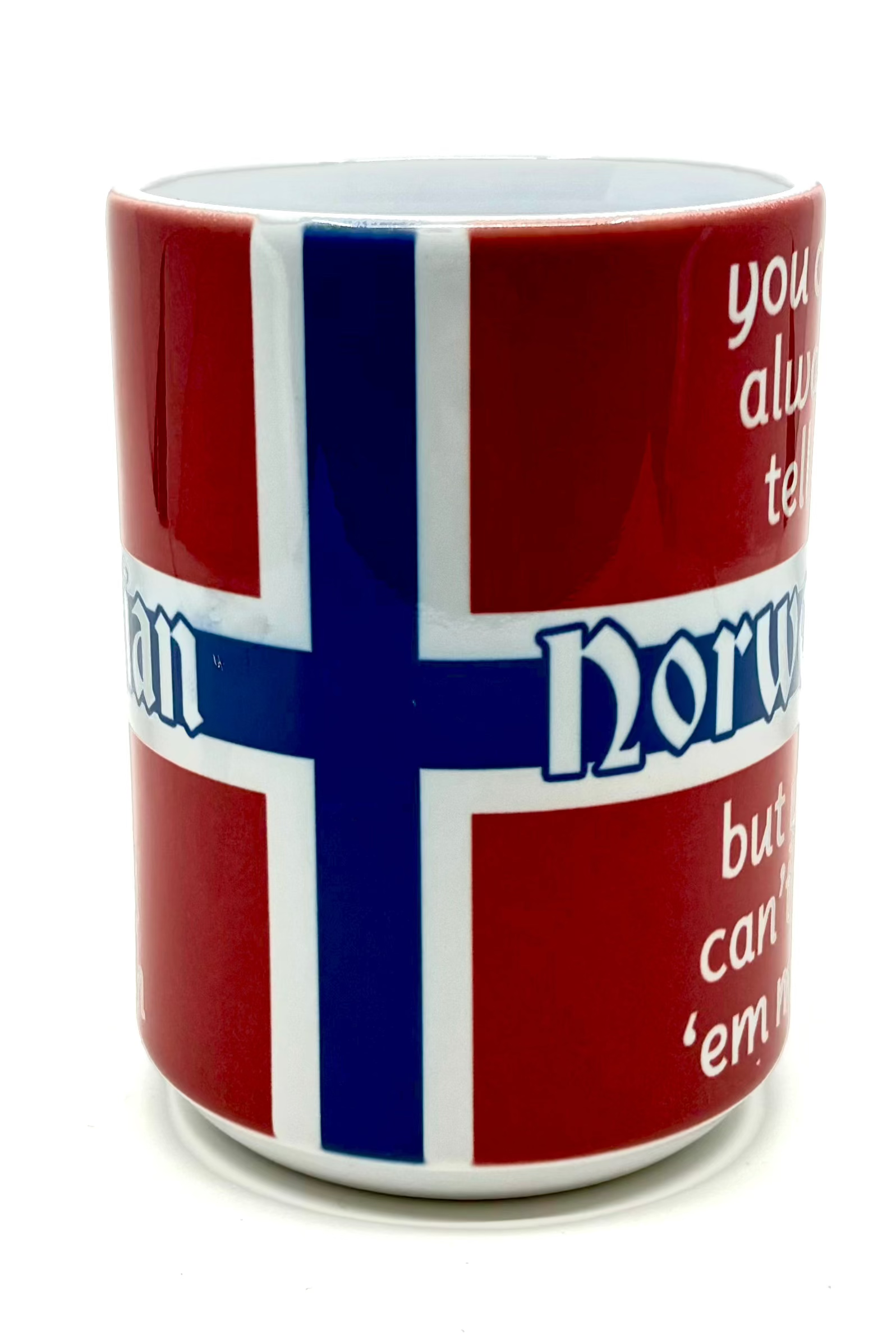 The 15 oz "You Can Tell a Norwegian" mug boasts a striking red exterior adorned with elements of the Norwegian flag design and subtle white text.