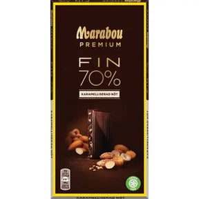 Marabou Premium FIN 70% Karamelliserad Not bar in brown packaging, featuring caramelized hazelnuts and rich Swedish dark chocolate on the front.