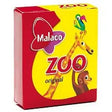 A yellow and red box of Malaco ZOO Animal Gummy Candy by Swedish Sweets Wholesale LLC - Swedish Candy, made in Sweden (20g/.71oz), showcases illustrations of a giraffe, a monkey, and a bird on the front, hinting at the fruity gummy treats inside.