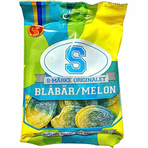 A 2.82 oz (80 g) bag of S-Märke Blabar/Melon candy with a blue and yellow design, featuring round, sugar-coated Swedish candies inside.