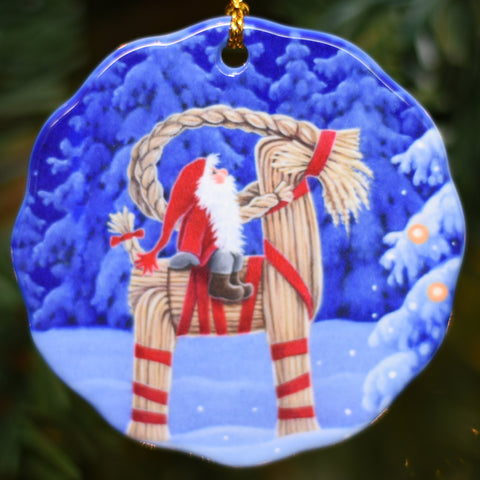 Ornament: Tomte on Straw Goat Eva Melhuish Ceramic Julbok