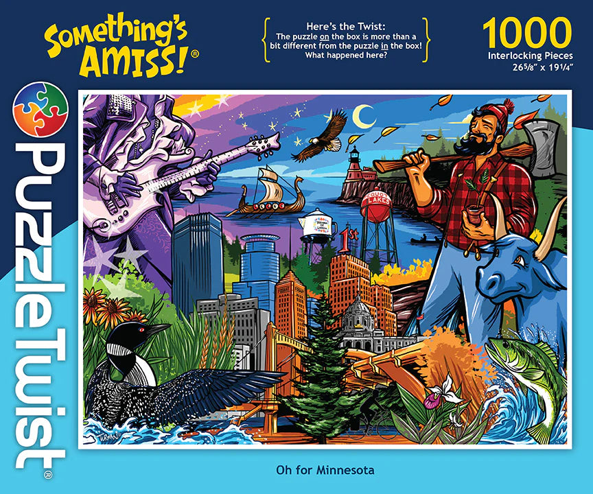 Brightly illustrated by Adam Turman, the PuzzleTwist: Oh for Minnesota Puzzle is a 1000-piece puzzle featuring Paul Bunyan, Babe the Blue Ox, loons, fish, downtown Minneapolis, and State Fair icons—celebrating Minnesota’s famous landmarks.