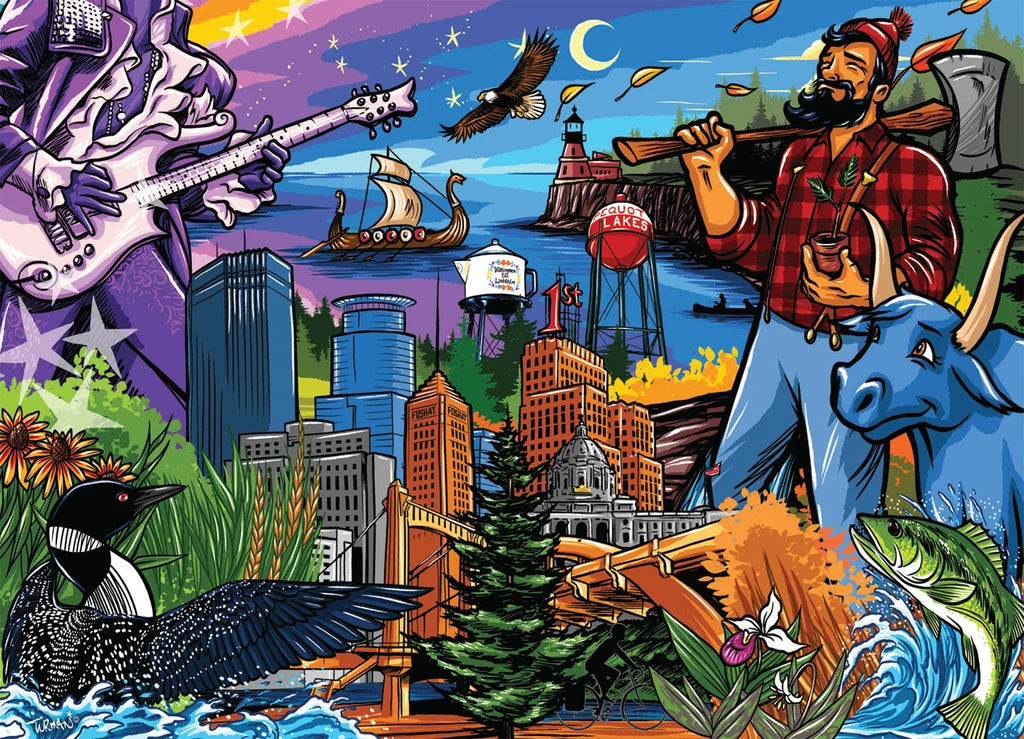 1000 piece puzzle showing a colorful collage of Minnesota symbols, including Paul Bunyan, loons, city skyline, lakes, and other regional imagery.