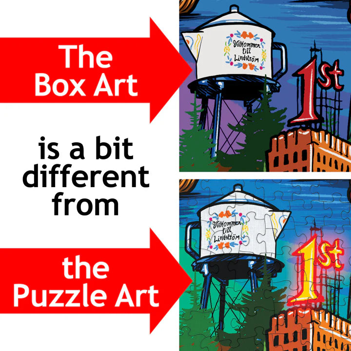 Side-by-side comparison of box art and puzzle art from PuzzleTwist: Oh for Minnesota Puzzle, showcasing differences in the water tower's "1st" illustration—ideal for fans of Minnesota, the Land of 10,000 Lakes.