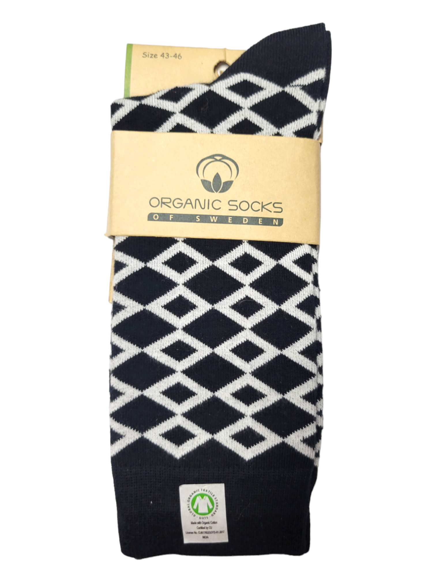 A pair of Organic Socks of Sweden - Nyberg in navy, featuring a white geometric pattern and made from organic cotton. These socks in size 43-46 offer seamless comfort for an ideal fit.