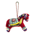 Red felted wool Swedish Dala Horse ornament with colorful embroidered patterns, a decorative saddle, and a striped hanging loop attached to the top.