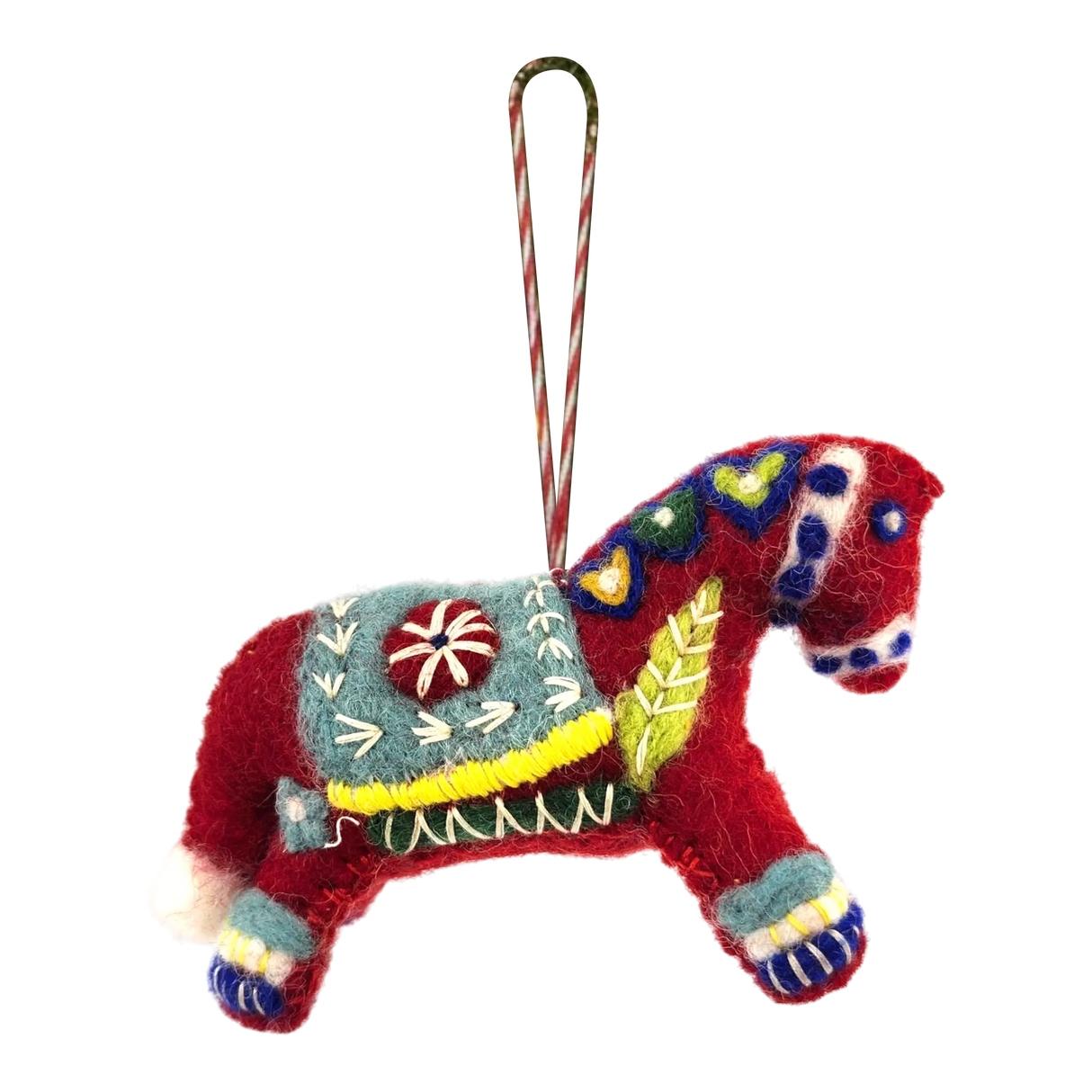 Red felted wool Swedish Dala Horse ornament with colorful embroidered patterns, a decorative saddle, and a striped hanging loop attached to the top.