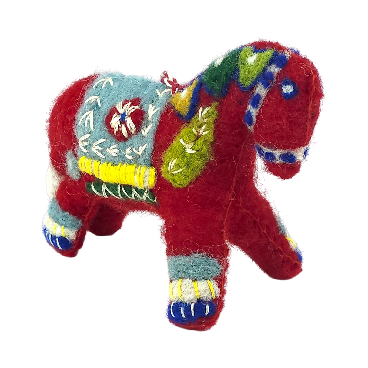 Red felt Swedish Dala horse ornament with blue, yellow, green, and white embroidered patterns on the body, legs, and head.
