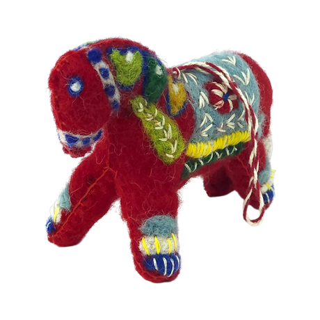 Small red felted wool ornament in the shape of a Swedish Dala Horse, decorated with green, blue, yellow, and white embroidered patterns.