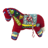 Red felted wool Swedish Dala horse ornament with colorful embroidered patterns and a blue saddle patch, shown on a plain white background.