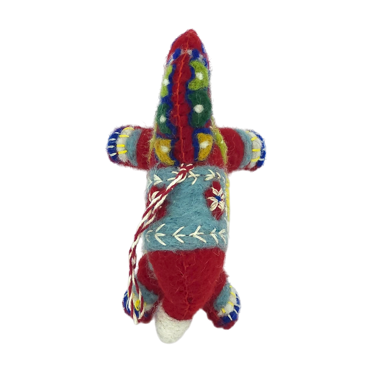 Handmade felt animal ornament with colorful woven patterns and yarn decoration, shaped like a Dala horse or alpaca, displayed on a white background.