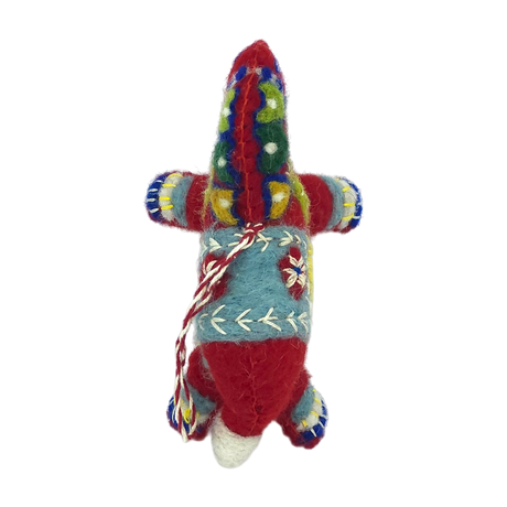 Handmade felt animal ornament with colorful woven patterns and yarn decoration, shaped like a Dala horse or alpaca, displayed on a white background.