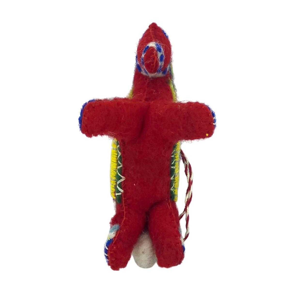 Small red felt doll with colorful thread details and a string on its side, inspired by Scandinavian Christmas decor, shown against a plain white background.