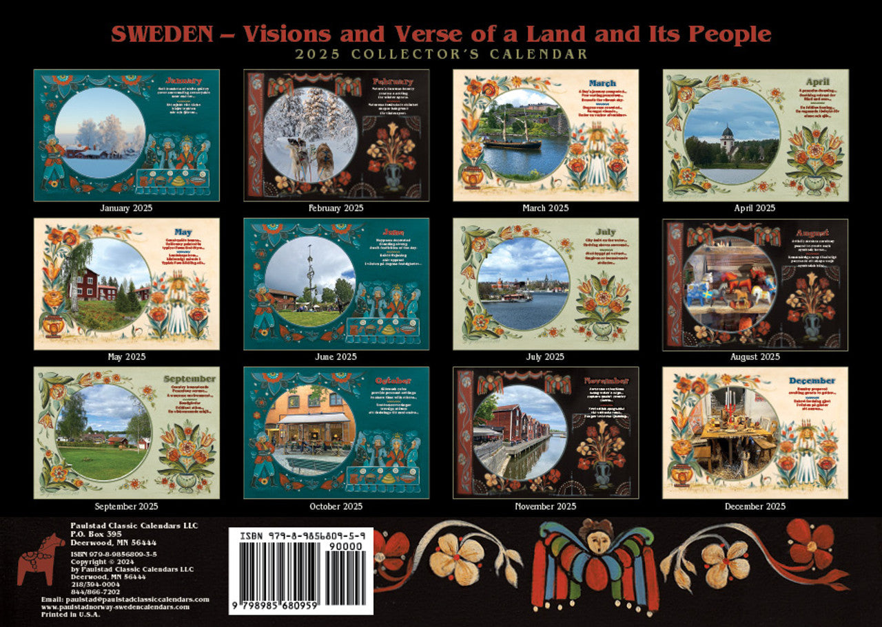 Introducing the Calendar: Visions & Verse - Sweden Calendar 2025, a collectors edition featuring monthly images and traditional Swedish artwork, with Swedish and American holidays highlighted.