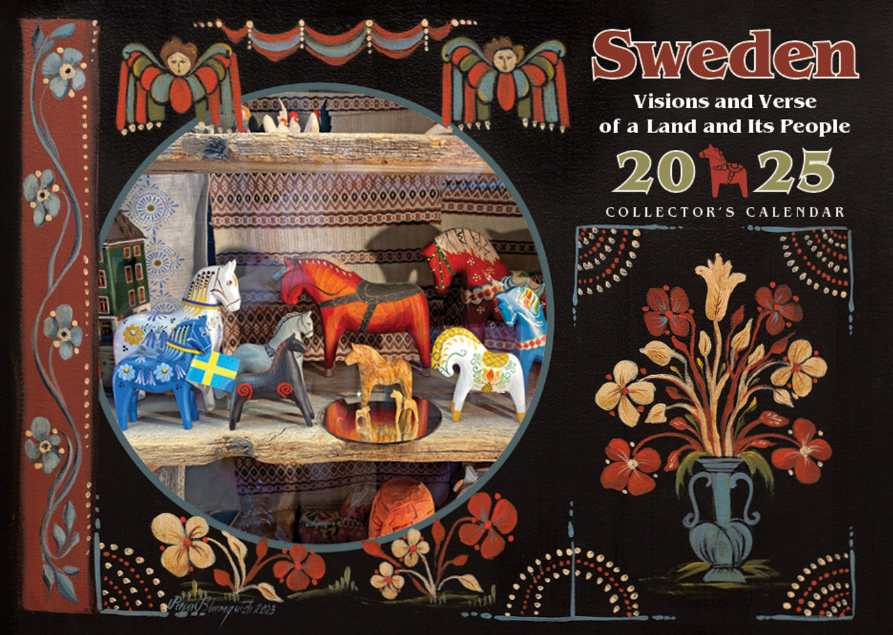 Introducing the Visions & Verse - Sweden Calendar 2025, featuring a stunning decorative cover with painted wooden horses and traditional Swedish designs, thoughtfully highlighting both Swedish and American holidays.