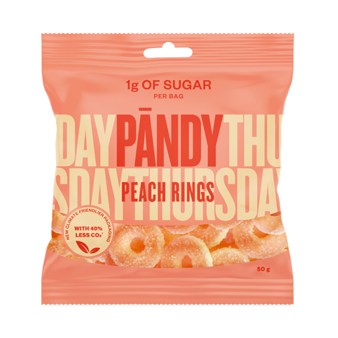 The Pandy Sugar Free Peach Rings, a candy bag imported from Sweden, offers a low-sugar treat with just 1g of sugar per delicious serving. Packaged in vibrant pink and orange, this 1.8oz delight ensures you savor the irresistible taste of peach rings without the guilt.