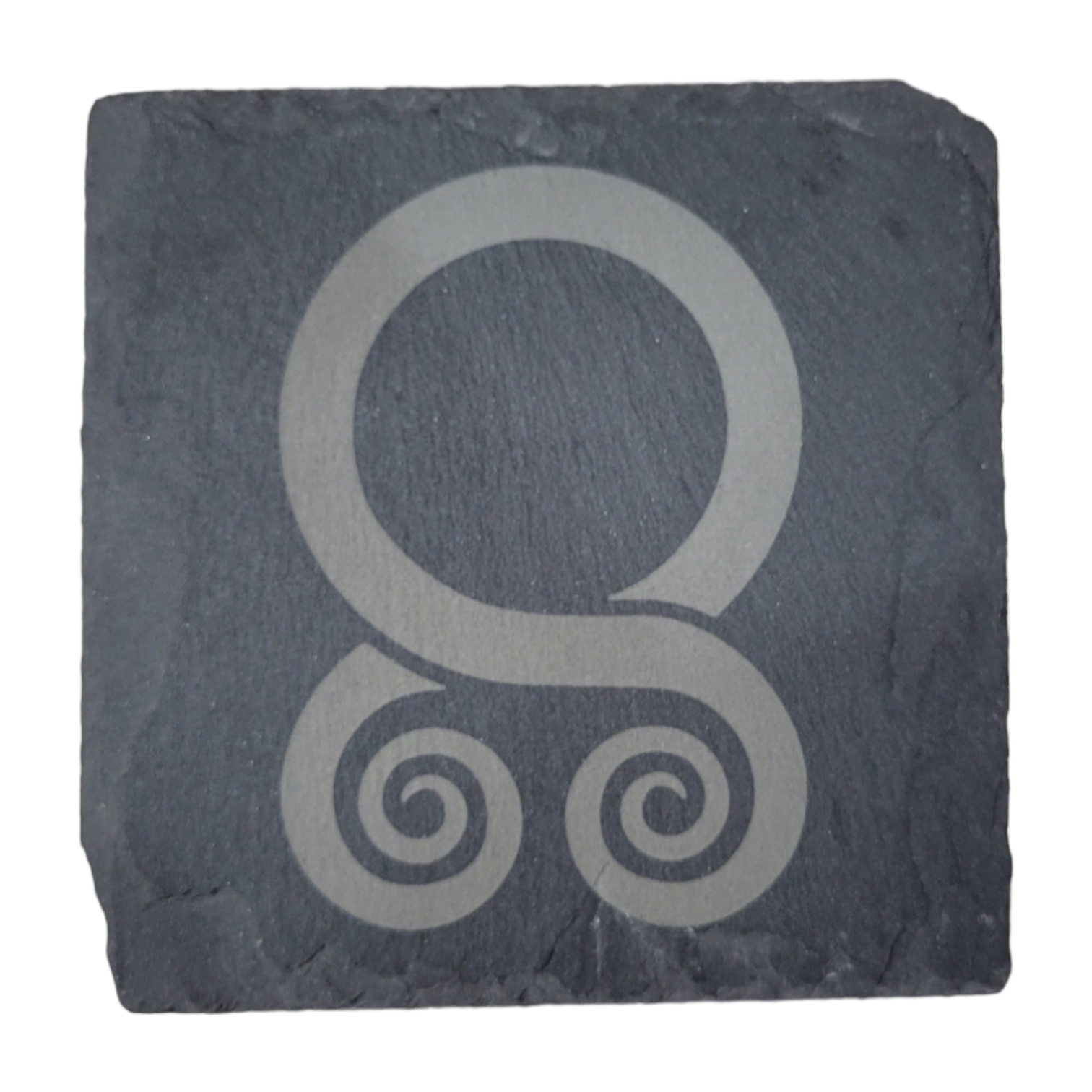 Introducing the "Viking Slate Coaster": a square design featuring a carved pattern of two interlocking spirals beneath a loop, reminiscent of a stylized g. This Viking-inspired imagery is laser engraved, providing an intricate aesthetic similar to that found on slate coasters, ideal for adding a touch of history to any setting.