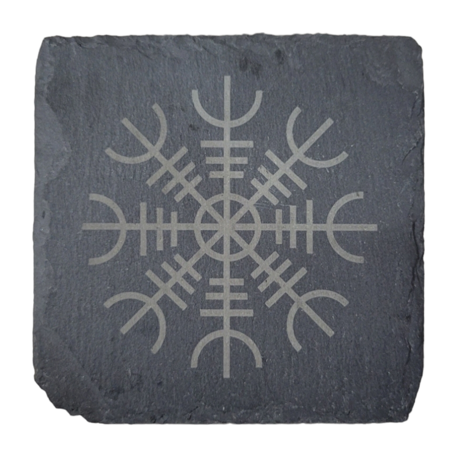 The Viking Slate Coaster features a laser-engraved symmetrical, abstract design resembling a snowflake on its dark, square surface.