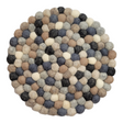 The Natural Wool Felted Pom-Pom Round Trivet is handcrafted with multicolored wool balls in concentric circles of beige, gray, blue, and black, adding charm and practicality to any kitchen.