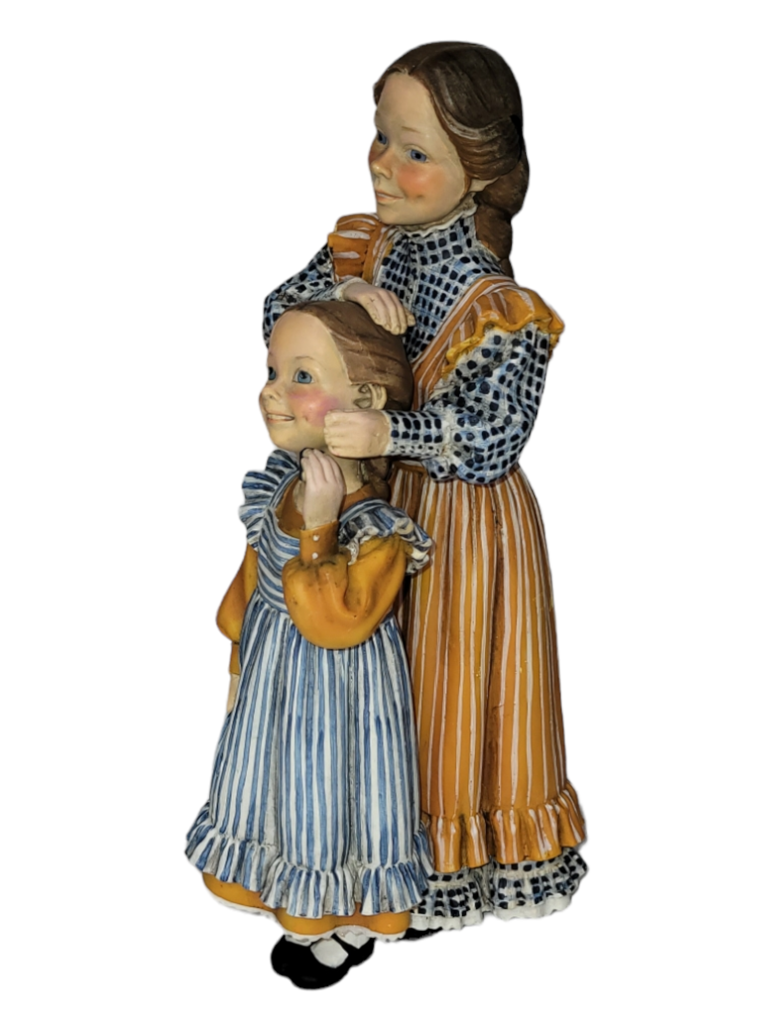 The "Mother & Daughter" ceramic figurine, featuring a genuine Norwegian design, showcases two girls in vintage dresses, with one girl standing behind the other as she adjusts her hair.