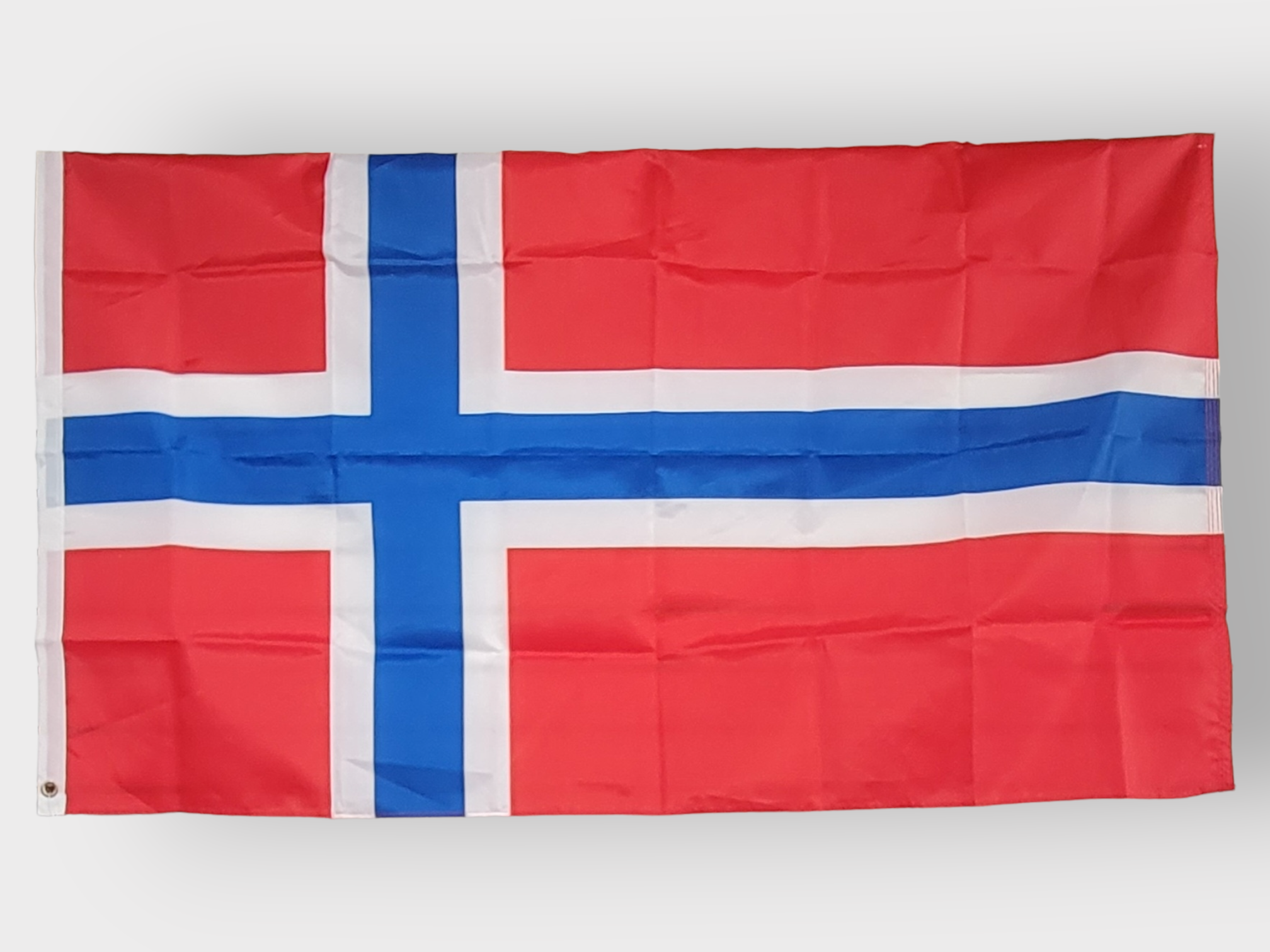 Product Name: Flag: Norway Polyester (3'x5') – A UV-protected, weather-resistant flag featuring a red background and a blue cross outlined in white, symbolizing Norway.