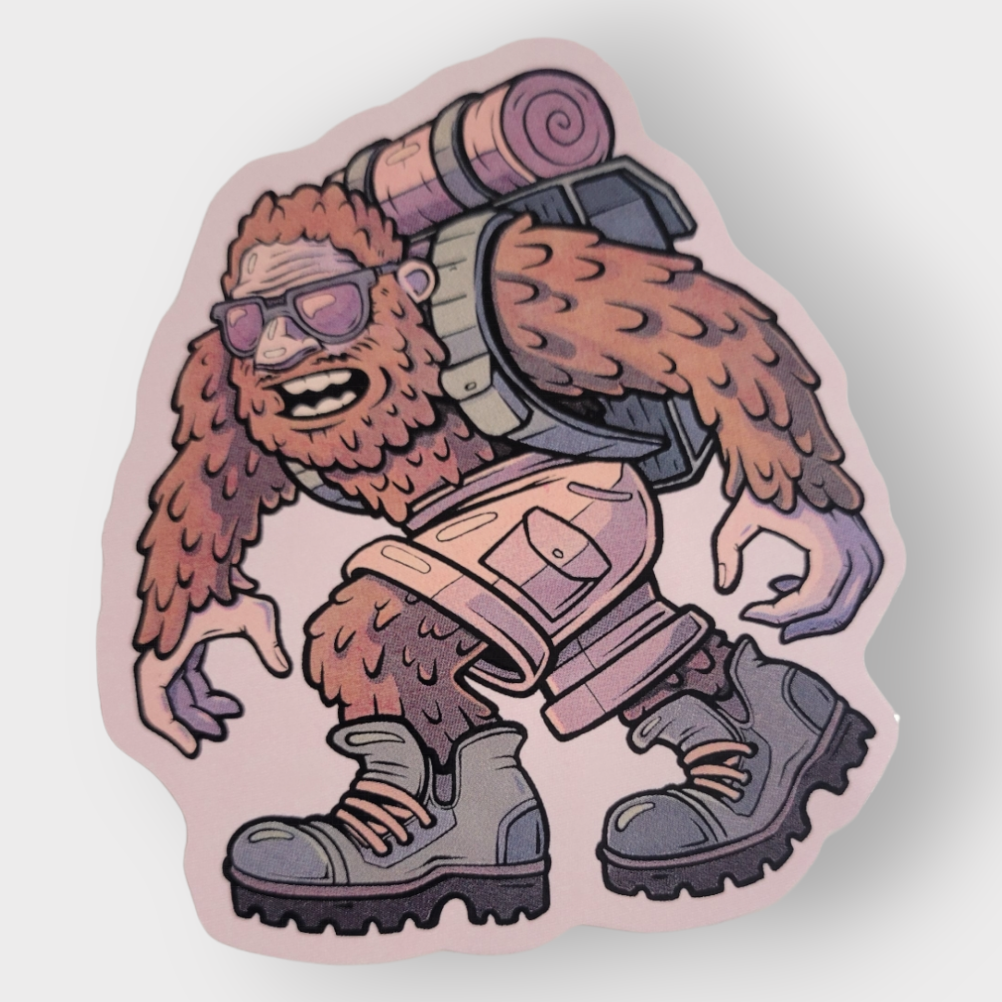 Vibrant illustration featured on the "Sticker: Sasquatch Cool Yeti," showcasing a cartoon yeti with sunglasses, a backpack, shorts, and hiking boots. Ideal for anyone looking for durable vinyl stickers of a cool Yeti design.