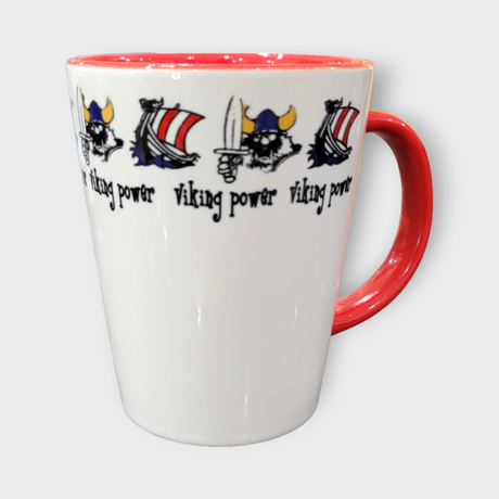 The Viking Power Latte Style Mug (12oz) features Viking helmets, ships, swords, and text around the rim, with a bold red interior and handle—perfect for fans of Vikings and Norse style.