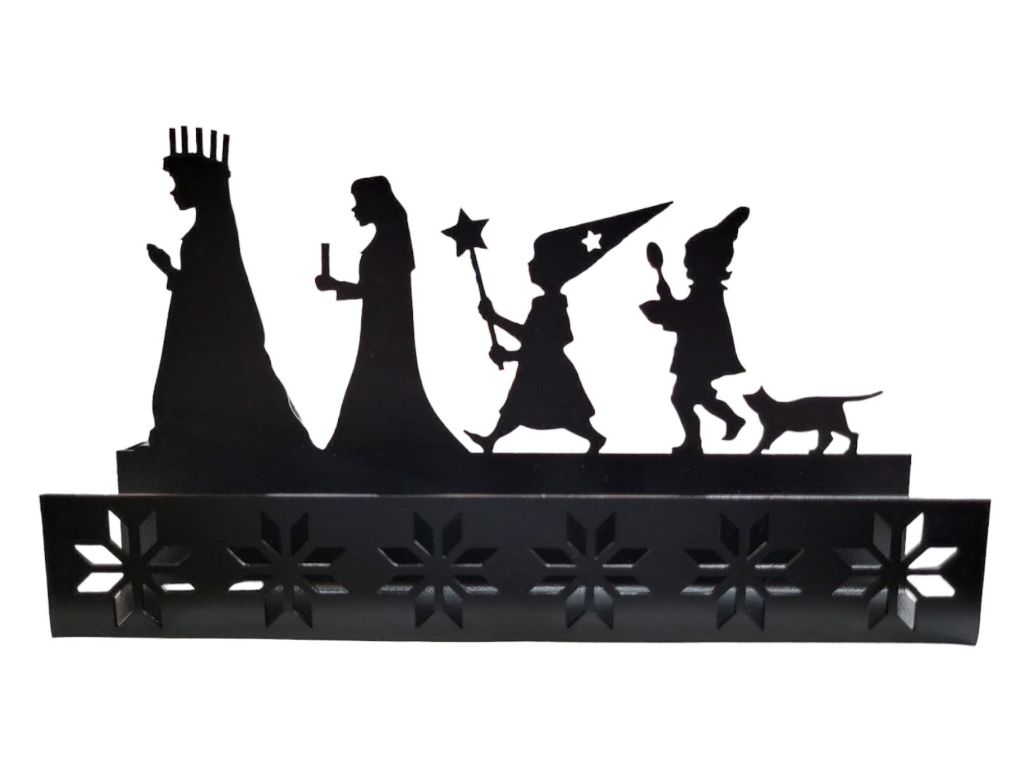 Lucia Metal Black Candle Holder captures the essence of Scandinavian design, featuring a silhouette of three people in costume and a dog walking on a platform adorned with snowflake cutouts.